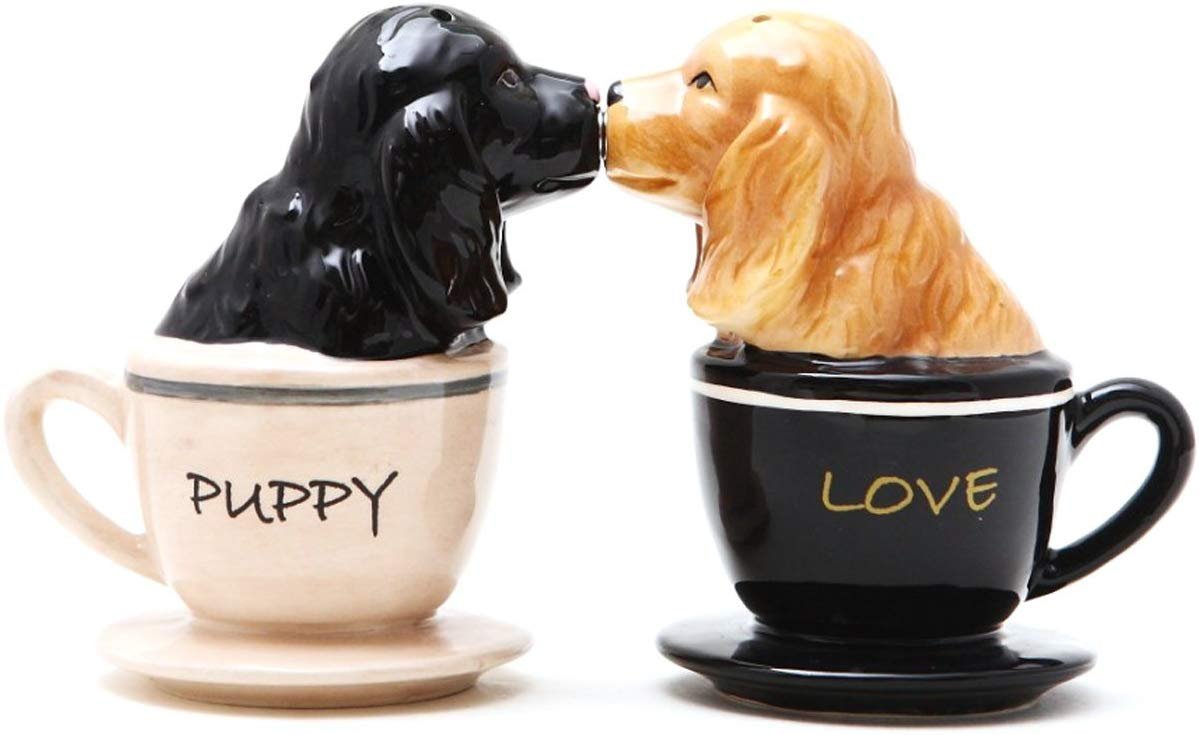 Black White Pups Dog Ceramic Magnetic Salt and Pepper Shakers Collection Set