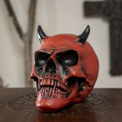 Crimson Demon Skull - 5" Tall Fiery Red Devil Horned Skull for Gothic Decor or Halloween Display