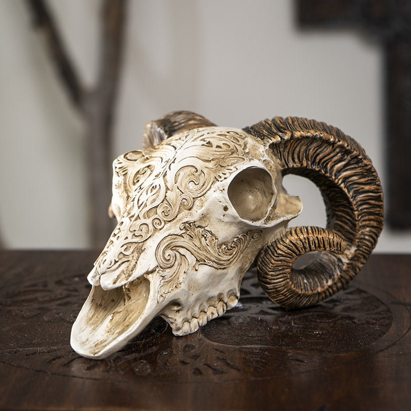 Scrimshaw Ram Skull 7" Tall Sculpted Skull Figurine with Ornate Detailing Textured Horns by Alchemy England