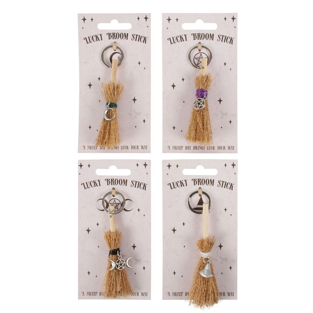 Witchcraft Witches Pack of 24 Lucky Broomstick Keyring Set with Wood Keychain Display Stand Triple Moon, Pentagram, Crescent by Something Different UK