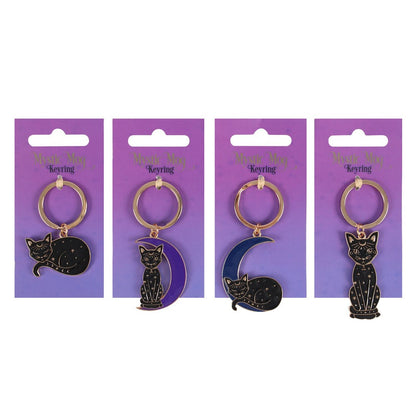 Mystic Mog Pack of 24 Cat-Themed Enamel Keyrings ? Crescent Moon, Sitting Cat, and Sleeping Cat Designs with Display Stand by Something Different HK