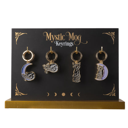 Mystic Mog Pack of 24 Cat-Themed Enamel Keyrings ? Crescent Moon, Sitting Cat, and Sleeping Cat Designs with Display Stand by Something Different HK