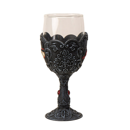 Gothic Love Never Dies Skeleton Bride and Groom Glass Goblet Day of the Dead Skull Couple Goblet with Floral Scrollwork