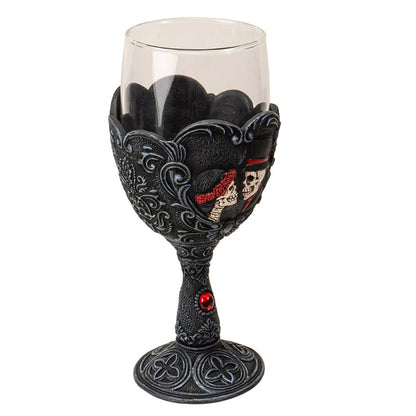 Gothic Love Never Dies Skeleton Bride and Groom Glass Goblet Day of the Dead Skull Couple Goblet with Floral Scrollwork