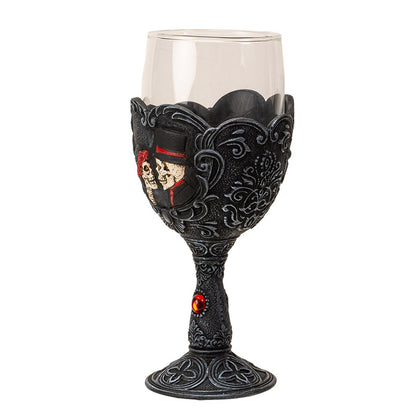 Gothic Love Never Dies Skeleton Bride and Groom Glass Goblet Day of the Dead Skull Couple Goblet with Floral Scrollwork