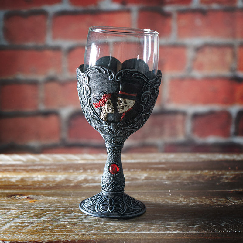 Gothic Love Never Dies Skeleton Bride and Groom Glass Goblet Day of the Dead Skull Couple Goblet with Floral Scrollwork