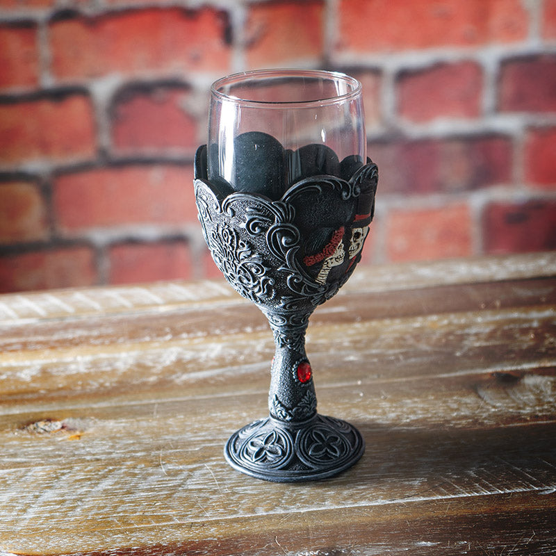 Gothic Love Never Dies Skeleton Bride and Groom Glass Goblet Day of the Dead Skull Couple Goblet with Floral Scrollwork