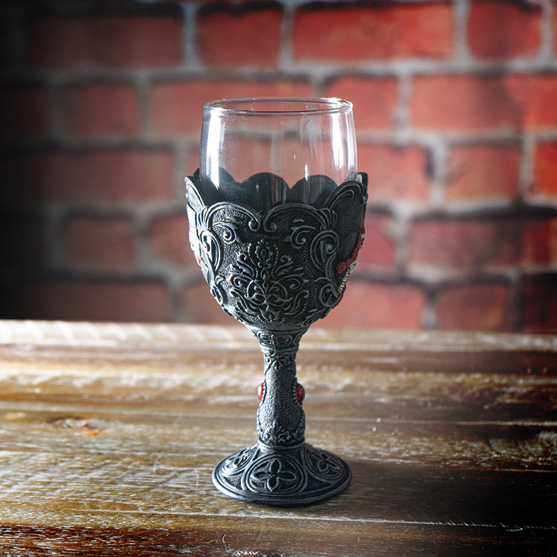 Gothic Love Never Dies Skeleton Bride and Groom Glass Goblet Day of the Dead Skull Couple Goblet with Floral Scrollwork