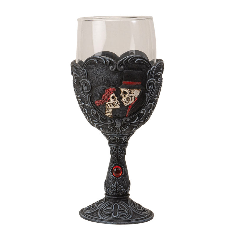 Gothic Love Never Dies Skeleton Bride and Groom Glass Goblet Day of the Dead Skull Couple Goblet with Floral Scrollwork