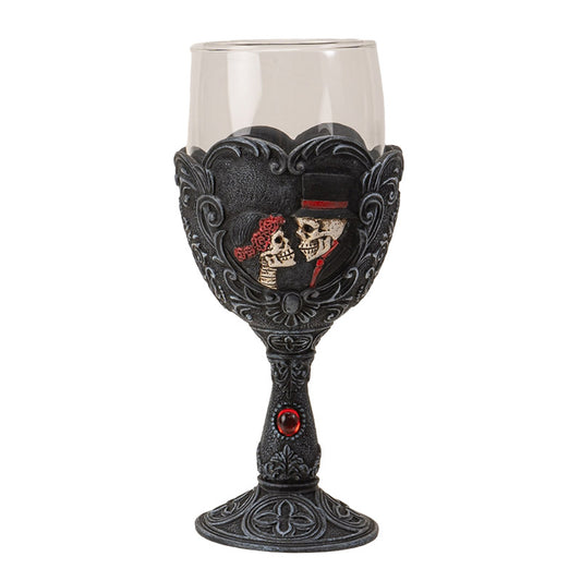 Gothic Love Never Dies Skeleton Bride and Groom Glass Goblet Day of the Dead Skull Couple Goblet with Floral Scrollwork