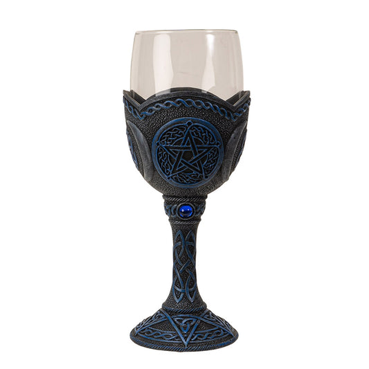 7oz Pentagram Glass Goblet ? Celtic Knot Chalice with Blue Gem Accents - Mystical Ritual Drinkware for Wicca Gothic Themed decor