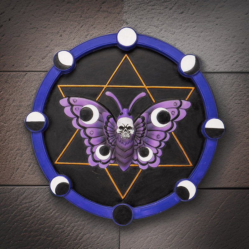 Gothic Skull Moth Wall Plaque ? Mystical Purple Moth with Lunar Phases and Hexagram Design - Fantacy Art for Living Room Wall Bedroom Decoration (Size 7.8" x 7.8")