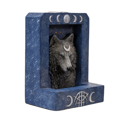 Moon Phase Backflow Incense Burner, Wolf Figurine