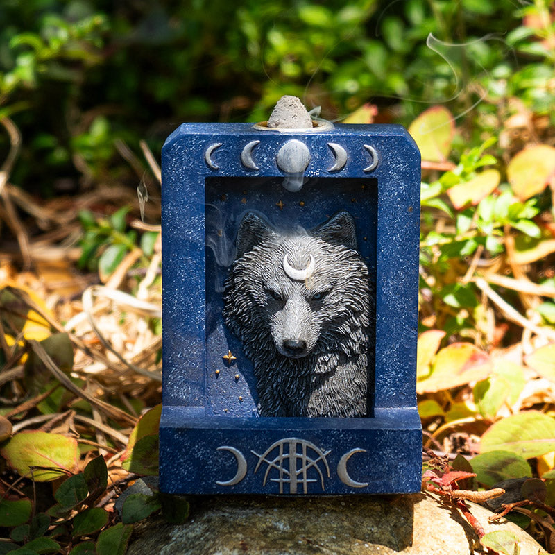 Moon Phase Backflow Incense Burner, Wolf Figurine