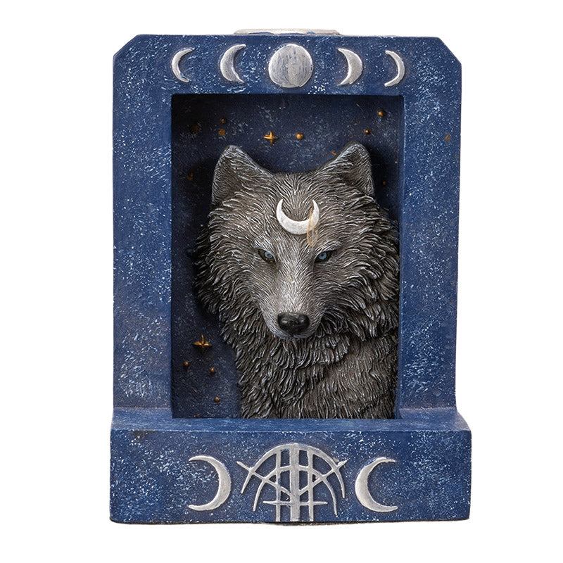 Moon Phase Backflow Incense Burner, Wolf Figurine