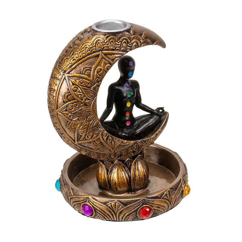 Chakra Meditation Backflow Incense Burner with Crescent Moon, Mindful Spiritual Balance and Energy Healing Home Decor Figurine