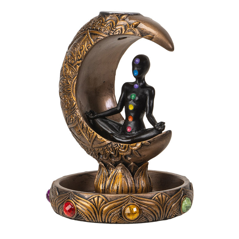 Chakra Meditation Backflow Incense Burner with Crescent Moon, Mindful Spiritual Balance and Energy Healing Home Decor Figurine