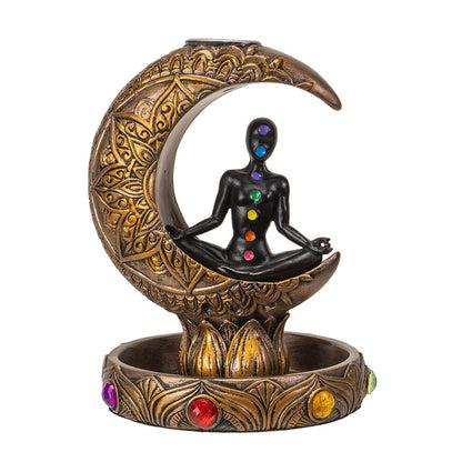 Chakra Meditation Backflow Incense Burner with Crescent Moon, Mindful Spiritual Balance and Energy Healing Home Decor Figurine