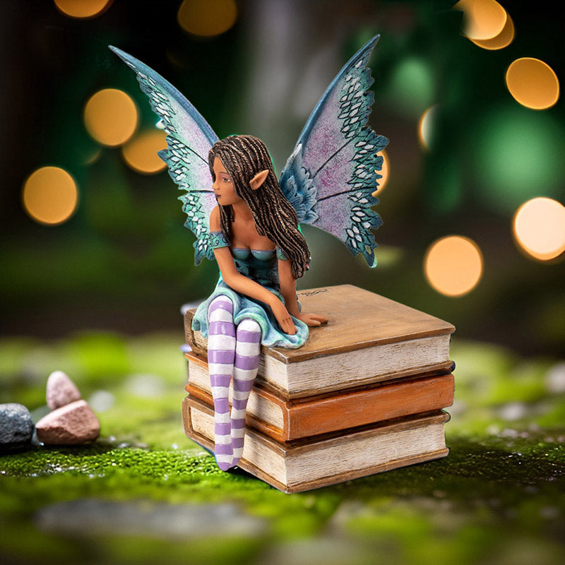 7" Tall Aqua and Purple Winged Book Fairy on Books ? Enchanting Figurine for Home, Bookshelf, Garden and Terrariums by Amy Brown