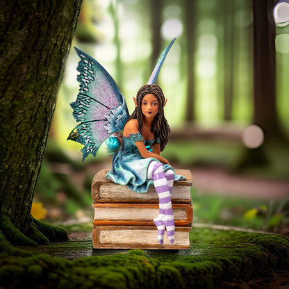 7" Tall Aqua and Purple Winged Book Fairy on Books ? Enchanting Figurine for Home, Bookshelf, Garden and Terrariums by Amy Brown