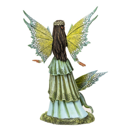 8.7" Tall Jewel of The Forest Fairy with Mystical Dragon Enchanting Green and Yellow Winged Garden Decor with Braided Hair and Floral Crown by Amy Brown