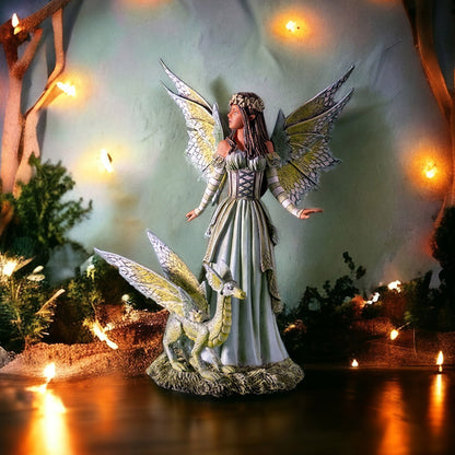 8.7" Tall Jewel of The Forest Fairy with Mystical Dragon Enchanting Green and Yellow Winged Garden Decor with Braided Hair and Floral Crown by Amy Brown