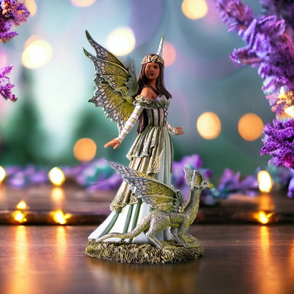 8.7" Tall Jewel of The Forest Fairy with Mystical Dragon Enchanting Green and Yellow Winged Garden Decor with Braided Hair and Floral Crown by Amy Brown