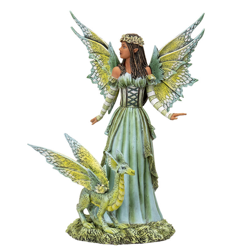 8.7" Tall Jewel of The Forest Fairy with Mystical Dragon Enchanting Green and Yellow Winged Garden Decor with Braided Hair and Floral Crown by Amy Brown