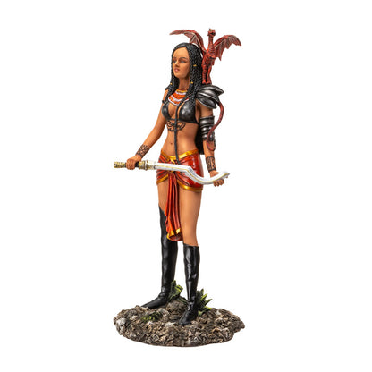 12" Tall Adaeze Warrior Queen by Nene Thomas ? Defender of The Realm with Red Dragon Companion, Collectible Fantasy Figurine