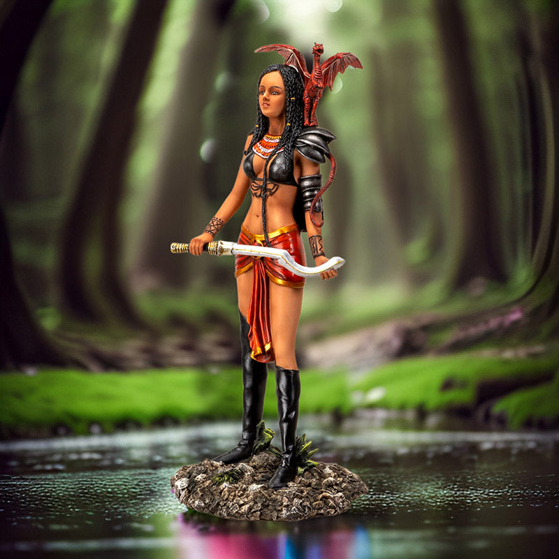 12" Tall Adaeze Warrior Queen by Nene Thomas ? Defender of The Realm with Red Dragon Companion, Collectible Fantasy Figurine