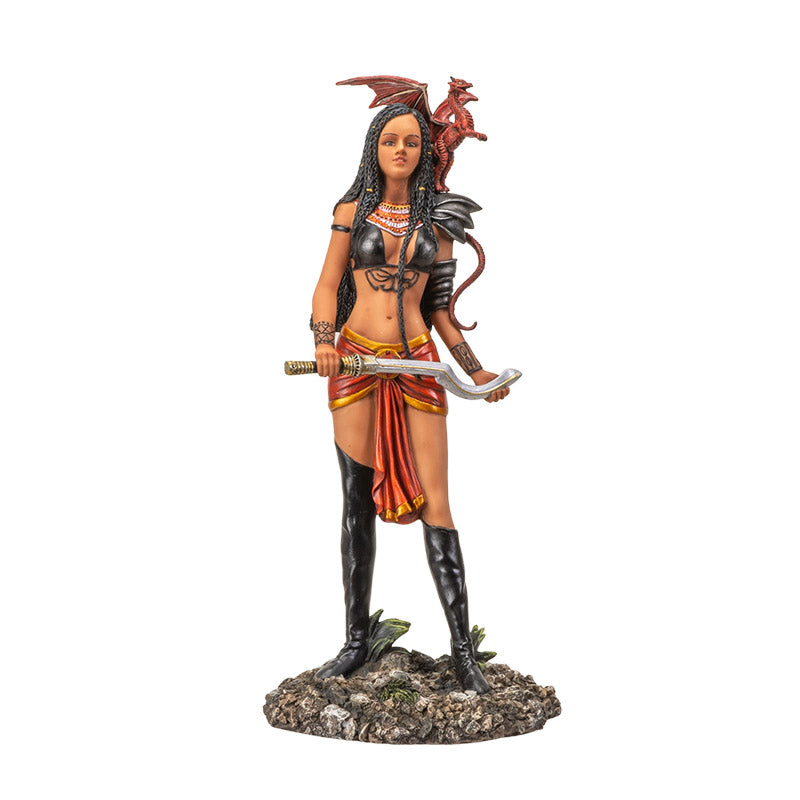 12" Tall Adaeze Warrior Queen by Nene Thomas ? Defender of The Realm with Red Dragon Companion, Collectible Fantasy Figurine