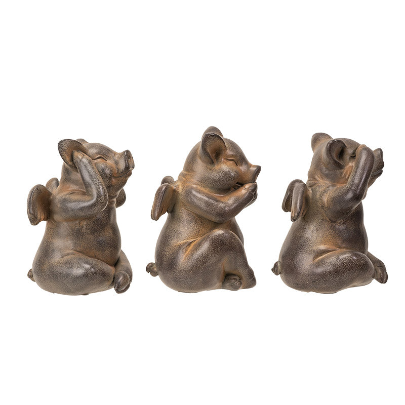 4" Tall See, Hear, Speak No Evil Flying Pig Resin Figurine Set, Home Decor