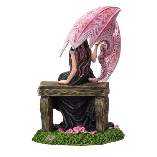 9" Inches Elegant Sorceress with Pink Dragon by Anne Stokes, Sitting on Floral Bench, Fantasy Magic Collectible Figurine for Home Decor