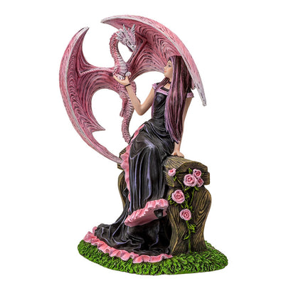 9" Inches Elegant Sorceress with Pink Dragon by Anne Stokes, Sitting on Floral Bench, Fantasy Magic Collectible Figurine for Home Decor