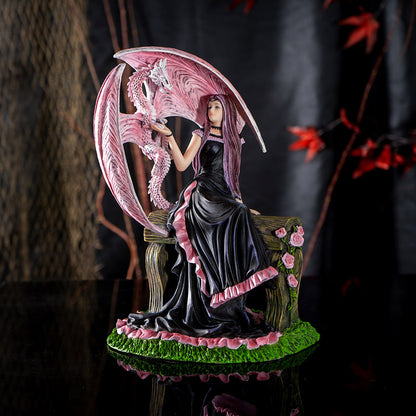 9" Inches Elegant Sorceress with Pink Dragon by Anne Stokes, Sitting on Floral Bench, Fantasy Magic Collectible Figurine for Home Decor