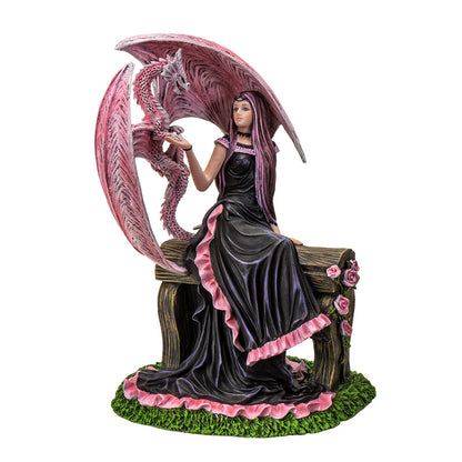 9" Inches Elegant Sorceress with Pink Dragon by Anne Stokes, Sitting on Floral Bench, Fantasy Magic Collectible Figurine for Home Decor