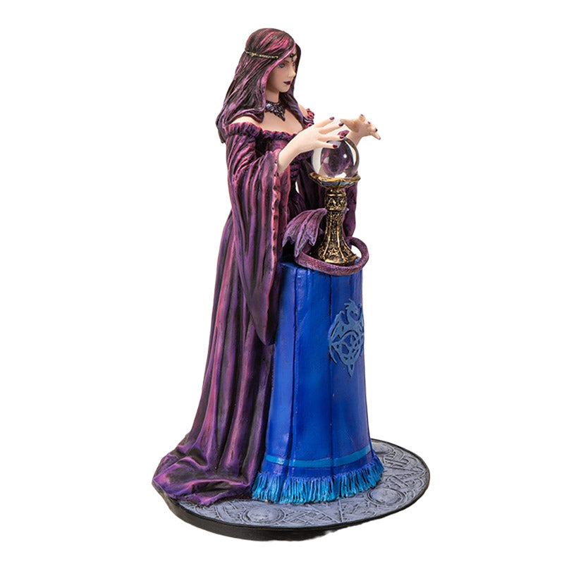 9" Tall Sorceress, Dragon, and Crystal Ball by Anne Stokes - Stunning Fantasy Collectible Figurine of a Sorceress with Her Purple Dragon Peering into Magical Crystal Ball