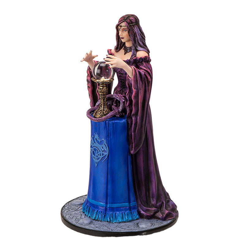 9" Tall Sorceress, Dragon, and Crystal Ball by Anne Stokes - Stunning Fantasy Collectible Figurine of a Sorceress with Her Purple Dragon Peering into Magical Crystal Ball