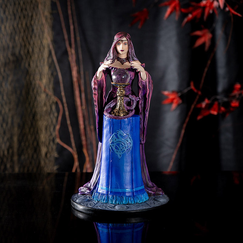 9" Tall Sorceress, Dragon, and Crystal Ball by Anne Stokes - Stunning Fantasy Collectible Figurine of a Sorceress with Her Purple Dragon Peering into Magical Crystal Ball