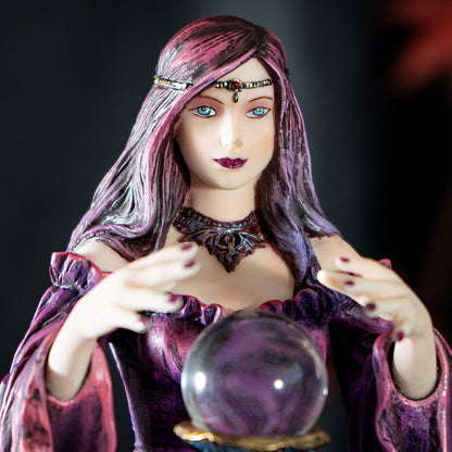 9" Tall Sorceress, Dragon, and Crystal Ball by Anne Stokes - Stunning Fantasy Collectible Figurine of a Sorceress with Her Purple Dragon Peering into Magical Crystal Ball