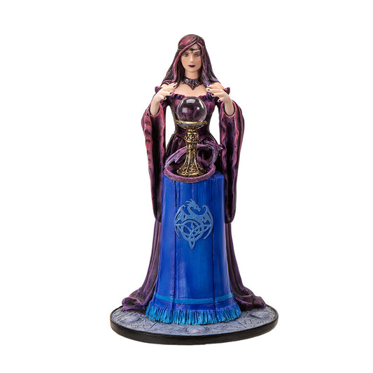 9" Tall Sorceress, Dragon, and Crystal Ball by Anne Stokes - Stunning Fantasy Collectible Figurine of a Sorceress with Her Purple Dragon Peering into Magical Crystal Ball