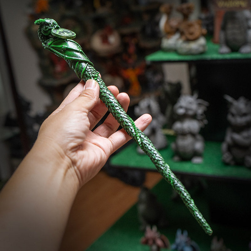 14 Inches Verdant Guardian Earth Dragon Wand, Mystical Wizards and Witches Magic Wand, Handcrafted Resin Wand Halloween Costume and Fantasy Collectors