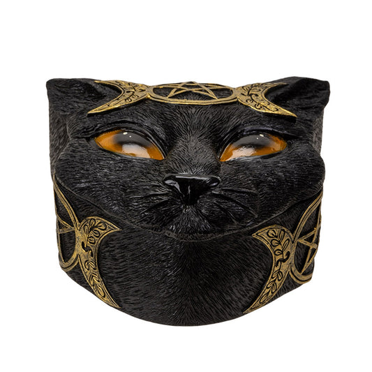 Mystical Triple Moon Cat Box with Pentagram Symbol Black/Gold - Wiccan Feline Decorative Stash Box for Trinkets and Collectibles, Home and Halloween Decor l Size 5.1" x 4.9" x 2.6"