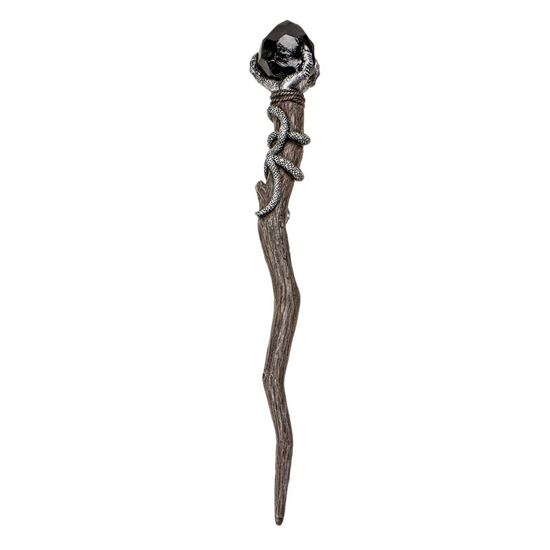 Black Magic Crystal Wand - Handcrafted Resin with Twisted Silver Claw and Snake Design, and Black Gemstone Crown, Perfect for Halloween Wizards, Witches, and Collectors - 13.9 Inches