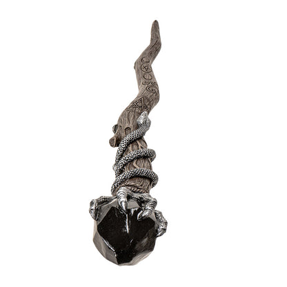 Black Magic Crystal Wand - Handcrafted Resin with Twisted Silver Claw and Snake Design, and Black Gemstone Crown, Perfect for Halloween Wizards, Witches, and Collectors - 13.9 Inches