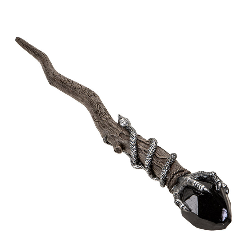 Black Magic Crystal Wand - Handcrafted Resin with Twisted Silver Claw and Snake Design, and Black Gemstone Crown, Perfect for Halloween Wizards, Witches, and Collectors - 13.9 Inches