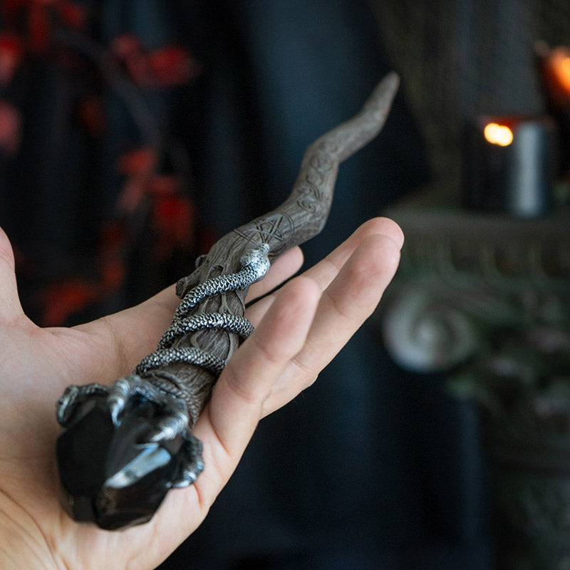 Black Magic Crystal Wand - Handcrafted Resin with Twisted Silver Claw and Snake Design, and Black Gemstone Crown, Perfect for Halloween Wizards, Witches, and Collectors - 13.9 Inches