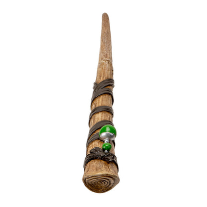 Magic Rune Wand - Handcrafted Resin with Ancient Rune Symbols, Green Gemstone Beads, and Leather Accents, Perfect for Halloween Wizards, Witches and Collectors - 14 Inches