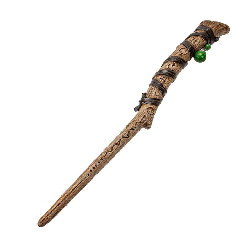 Magic Rune Wand - Handcrafted Resin with Ancient Rune Symbols, Green Gemstone Beads, and Leather Accents, Perfect for Halloween Wizards, Witches and Collectors - 14 Inches