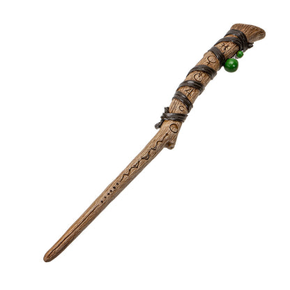 Magic Rune Wand - Handcrafted Resin with Ancient Rune Symbols, Green Gemstone Beads, and Leather Accents, Perfect for Halloween Wizards, Witches and Collectors - 14 Inches